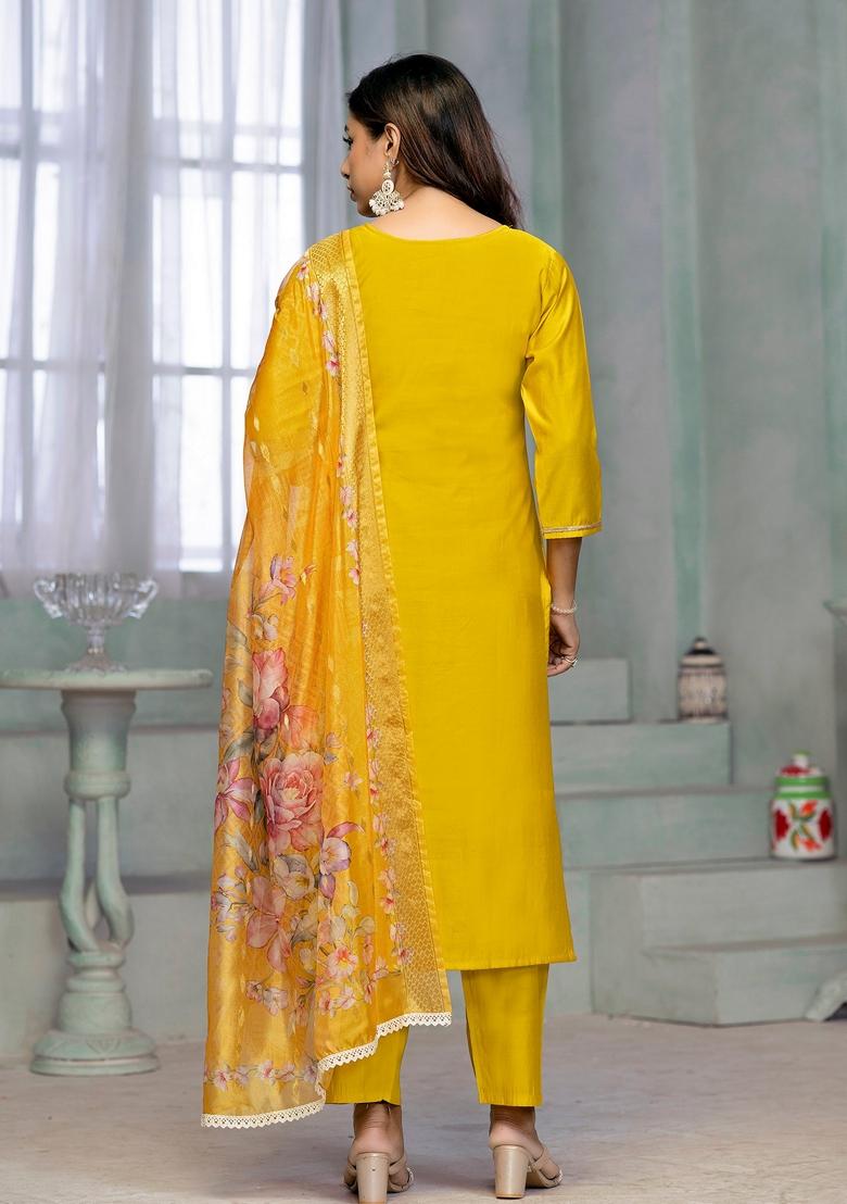 Yellow Embroidered Rayon Cotton Kurta Set