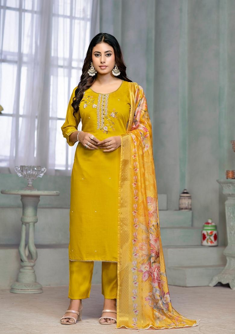 Yellow Embroidered Rayon Cotton Kurta Set
