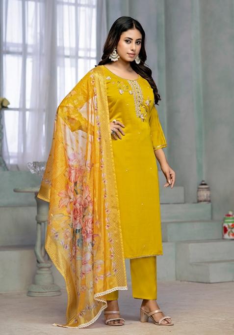 Yellow Embroidered Rayon Cotton Kurta Set