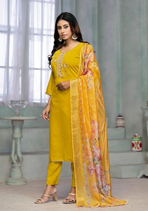 Yellow Embroidered Rayon Cotton Kurta Set