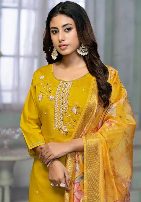 Yellow Embroidered Rayon Cotton Kurta Set
