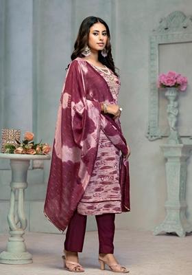 Wine Embroidered Rayon Cotton Kurta Set