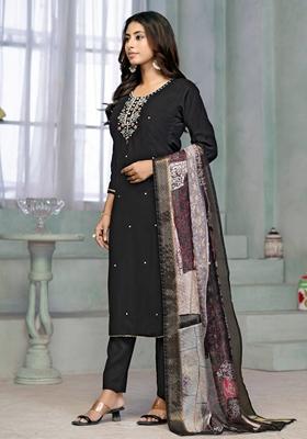 Black Embroidered Rayon Cotton Kurta Set