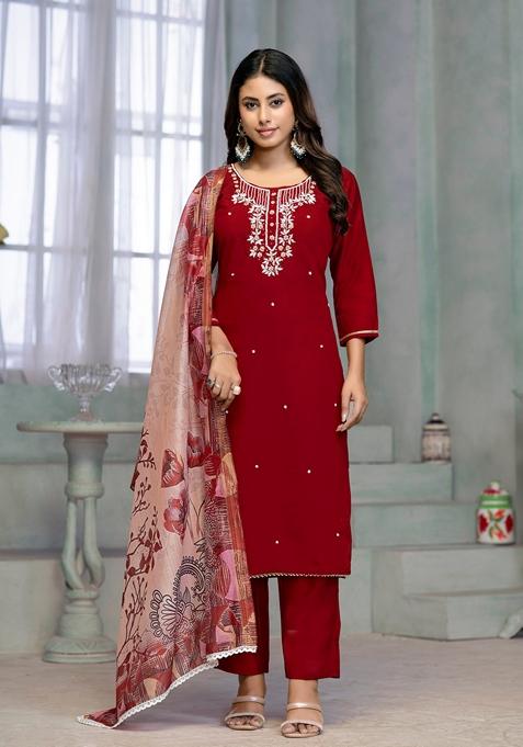 Maroon Embroidered Rayon Cotton Kurta Set