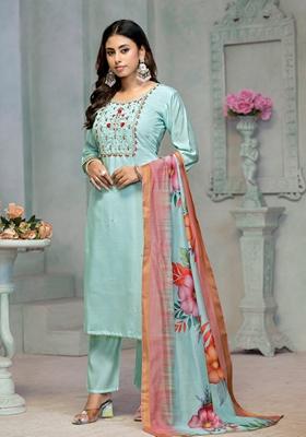 Blue Embroidered Rayon Cotton Kurta Set