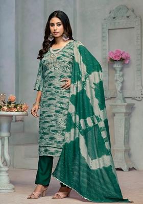 Green Embroidered Rayon Cotton Kurta Set