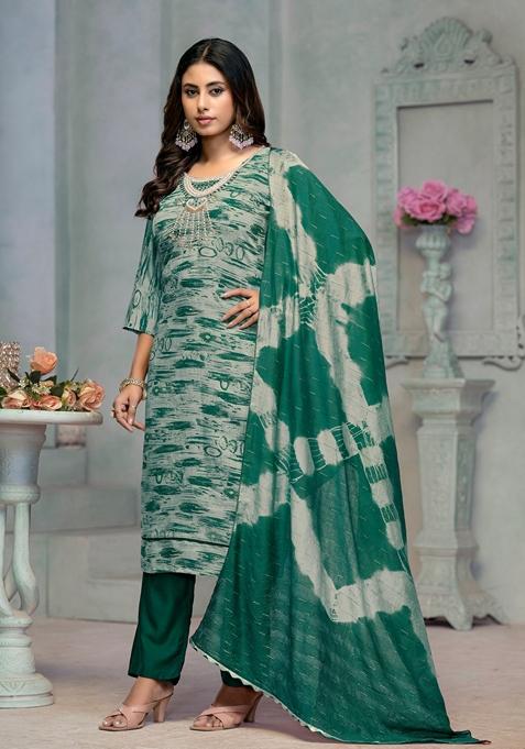 Green Embroidered Rayon Cotton Kurta Set