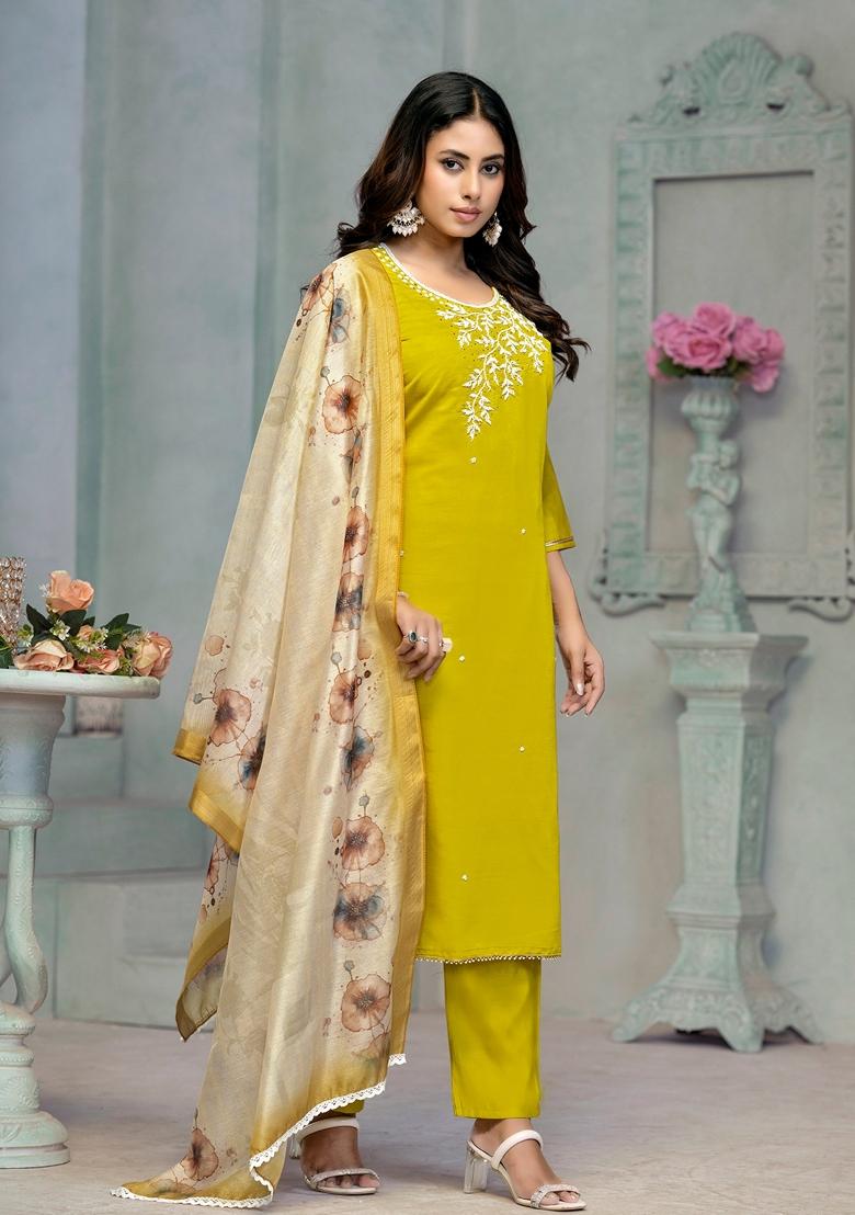 Lemon Yellow Embroidered Rayon Cotton Kurta Set