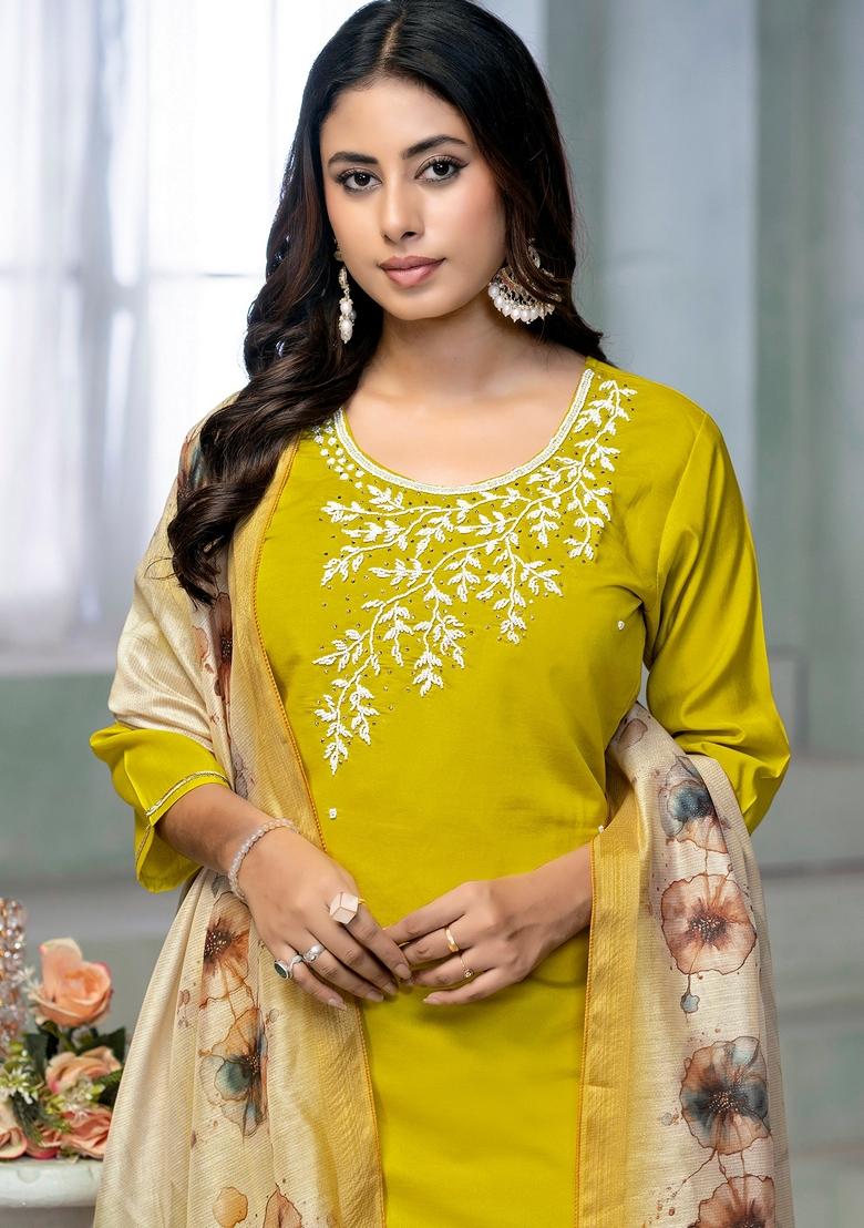 Lemon Yellow Embroidered Rayon Cotton Kurta Set