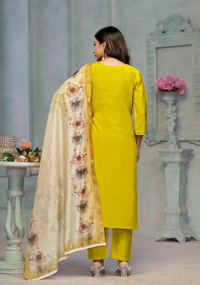 Lemon Yellow Embroidered Rayon Cotton Kurta Set