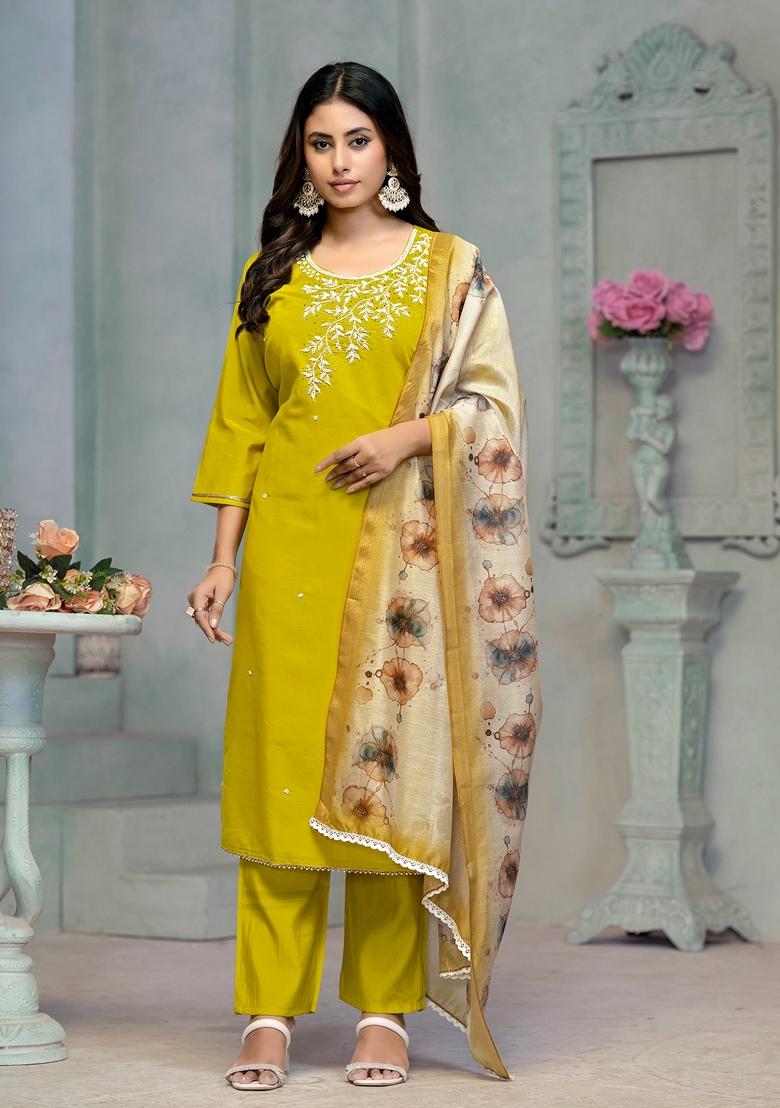 Lemon Yellow Embroidered Rayon Cotton Kurta Set