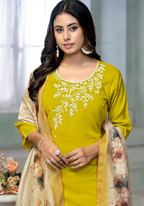 Lemon Yellow Embroidered Rayon Cotton Kurta Set