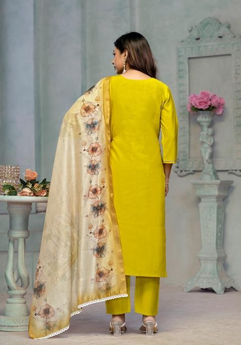 Lemon Yellow Embroidered Rayon Cotton Kurta Set