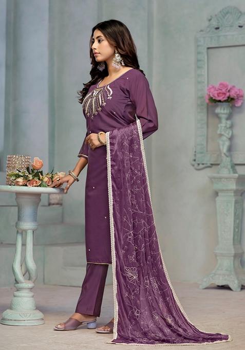 Purple Embroidered Rayon Cotton Kurta Set
