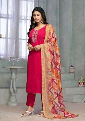 Pink Embroidered Rayon Cotton Kurta Set