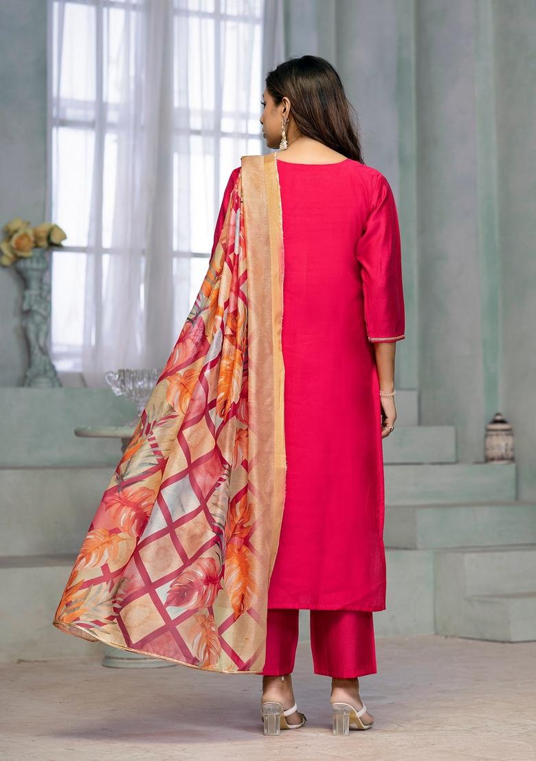 Pink Embroidered Rayon Cotton Kurta Set