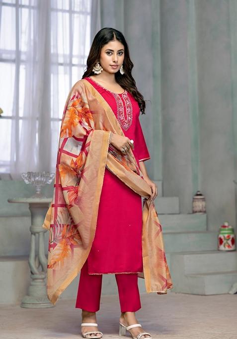 Pink Embroidered Rayon Cotton Kurta Set