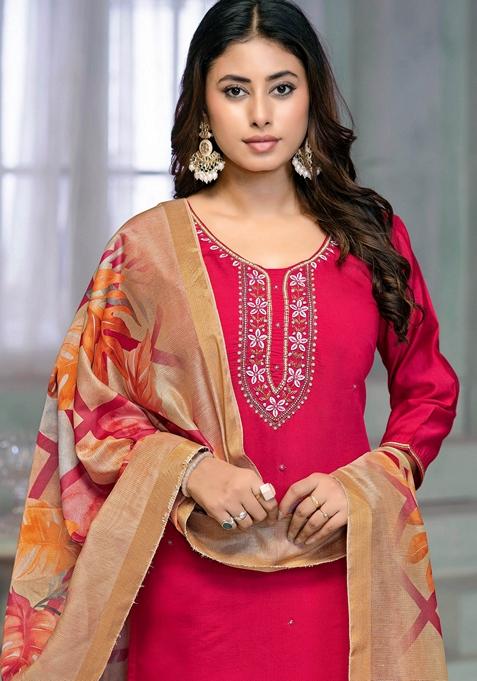 Pink Embroidered Rayon Cotton Kurta Set