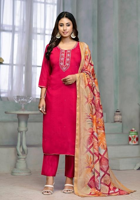 Pink Embroidered Rayon Cotton Kurta Set