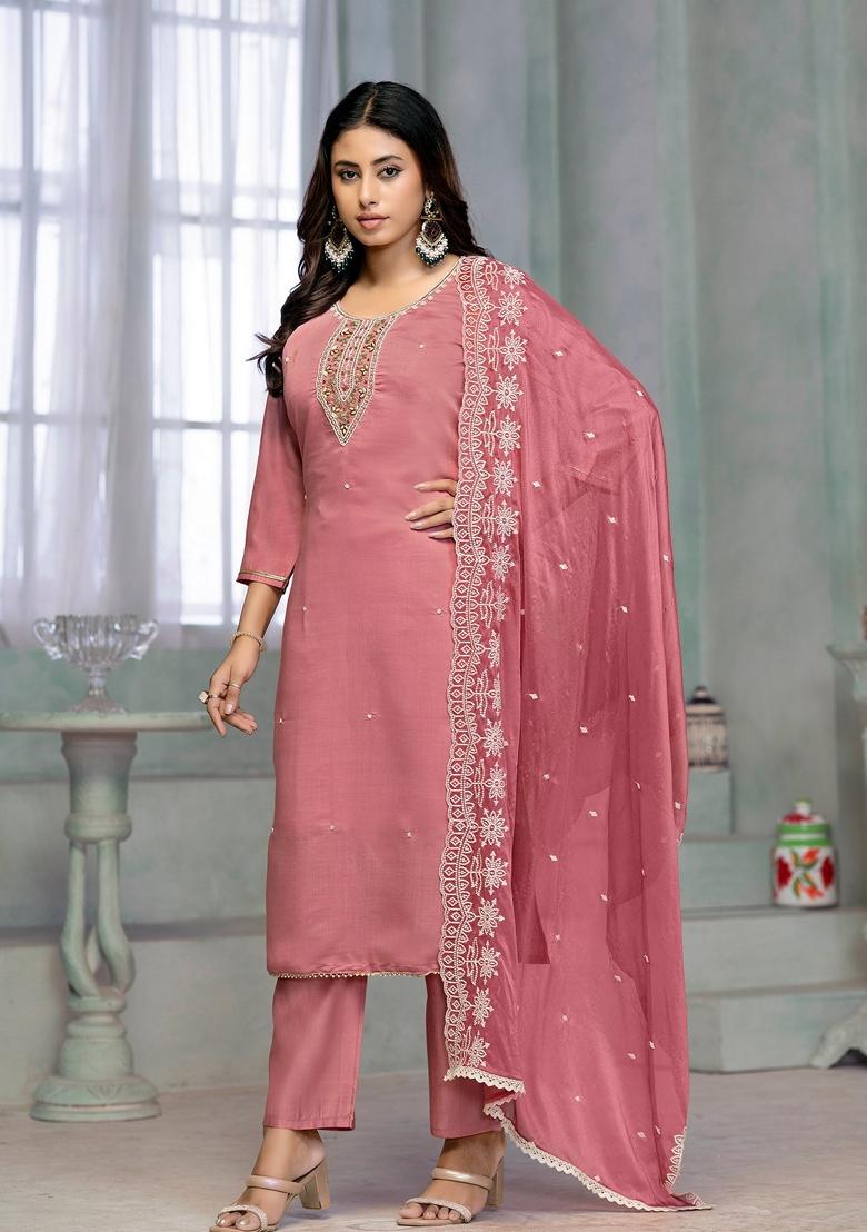 Pink Embroidered Rayon Cotton Kurta Set