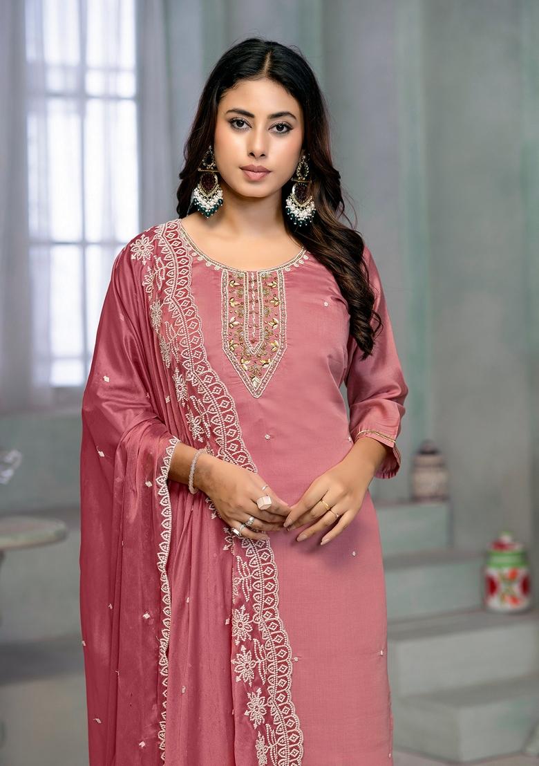 Pink Embroidered Rayon Cotton Kurta Set