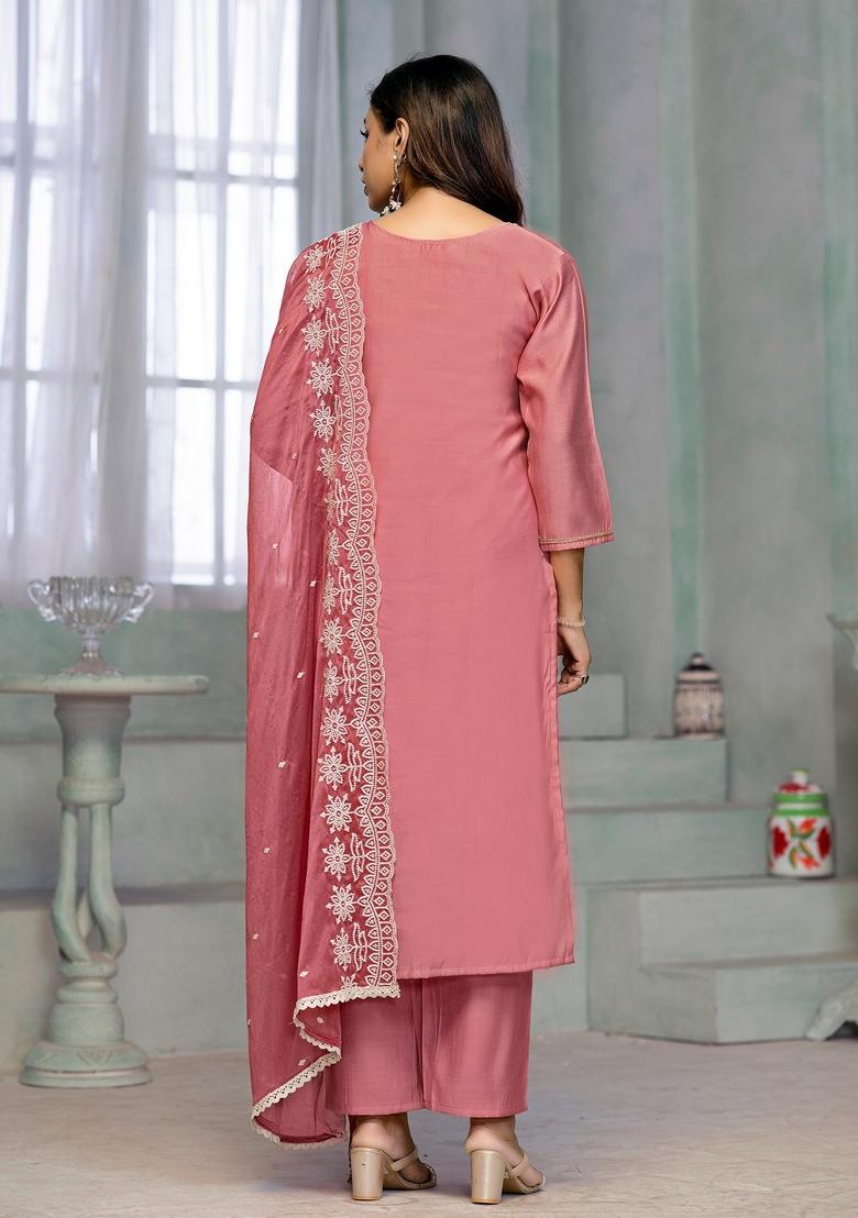 Pink Embroidered Rayon Cotton Kurta Set