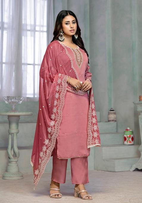 Pink Embroidered Rayon Cotton Kurta Set