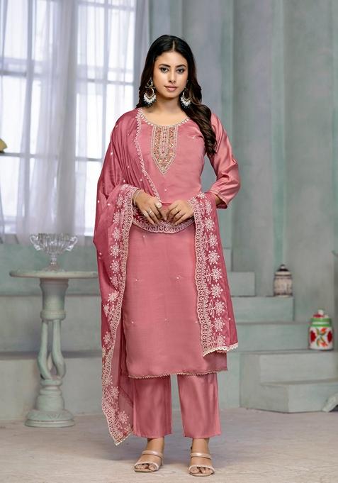 Pink Embroidered Rayon Cotton Kurta Set