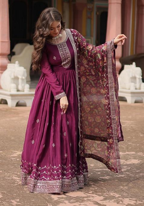 Wine Embroidered Chinon Anarkali Set