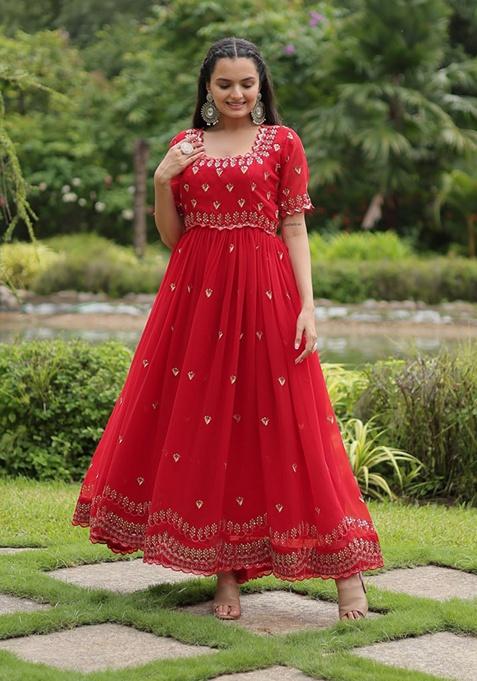 Red Embroidered Faux Blooming Gown