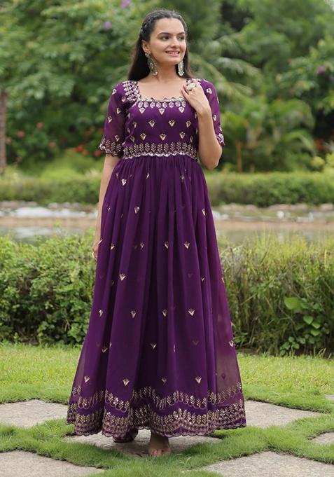 Purple Embroidered Faux Blooming Gown