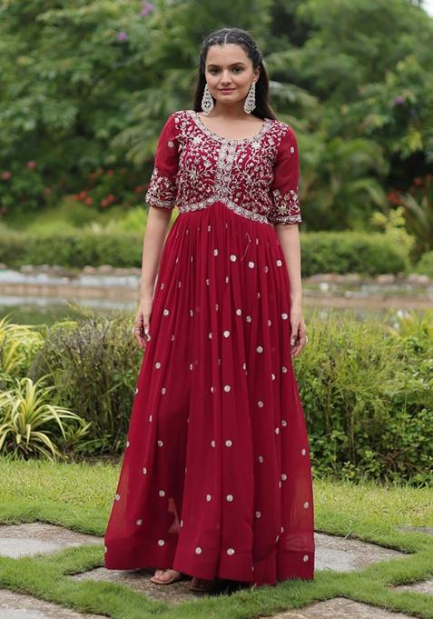 Red Embroidered Faux Blooming Gown