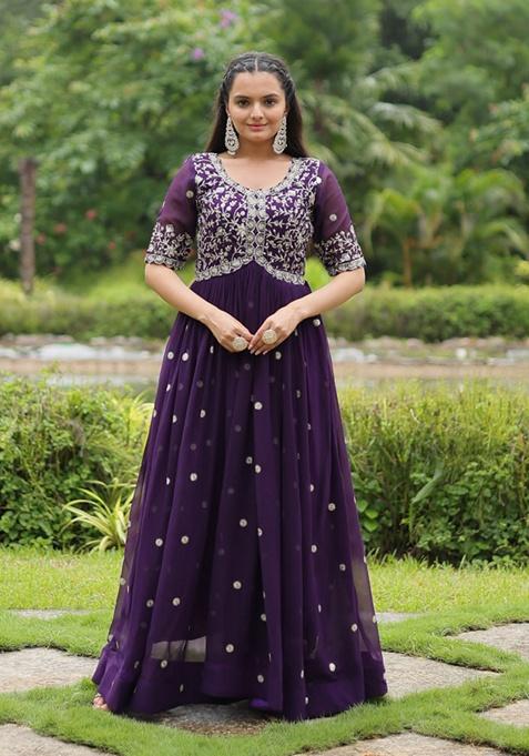 Purple Embroidered Faux Blooming Gown