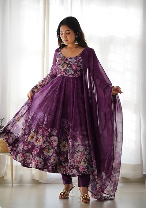 Wine Printed Organza Silk Kurta Set