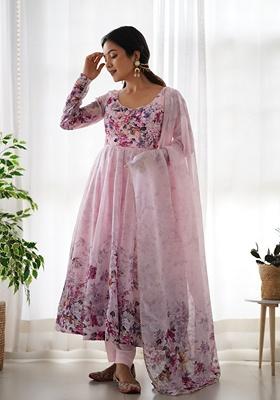 Pink Printed Organza Silk Kurta Set