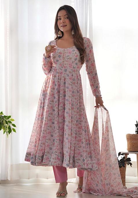 Pink Floral Print Chiffon Kurta Set