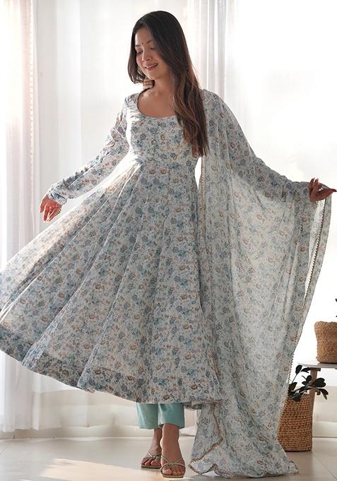 Sky Blue Floral Print Chiffon Kurta Set