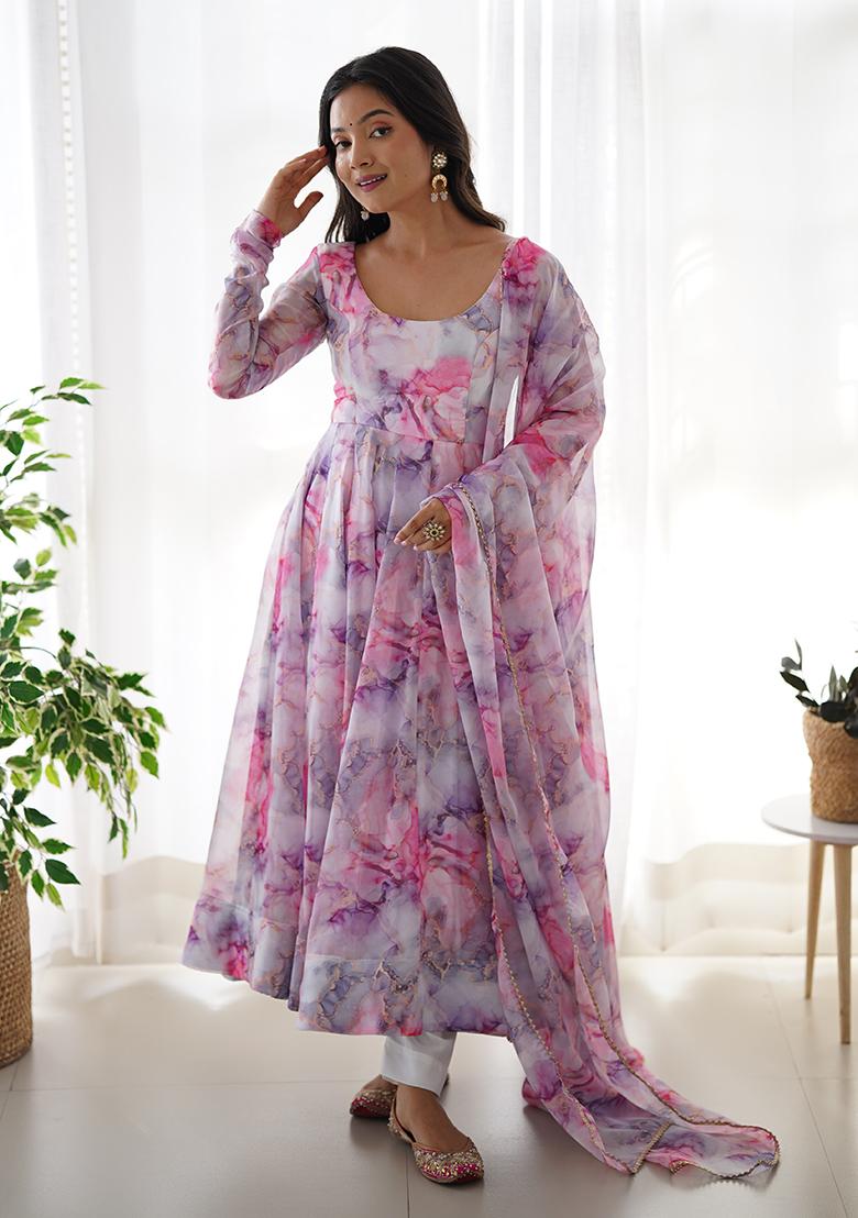 Pink Printed Organza Silk Kurta Set