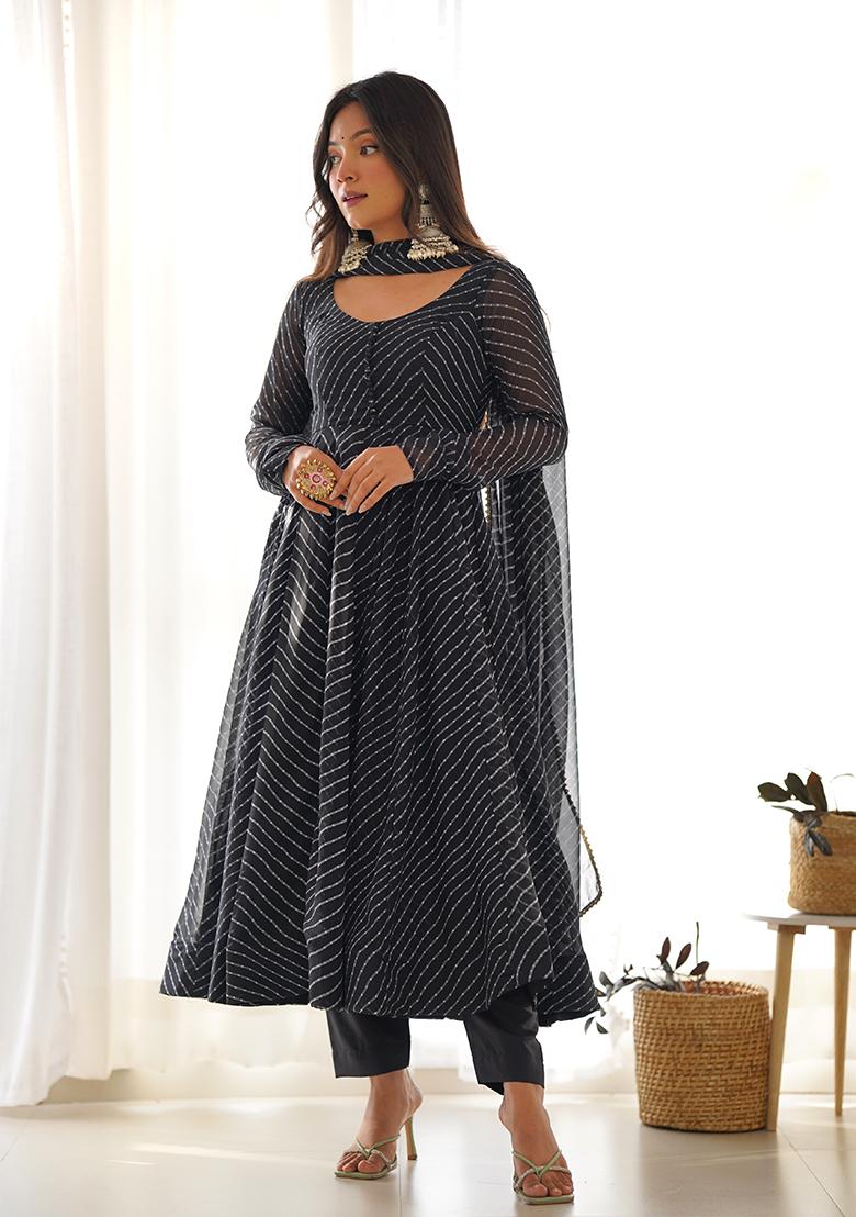 Black Leheriya Print Faux Georgette Kurta Set - Indya