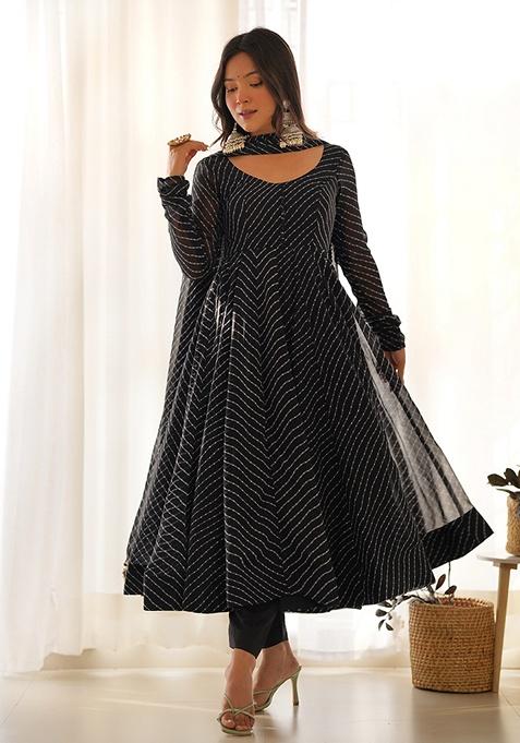 Black Leheriya Print Faux Georgette Kurta Set