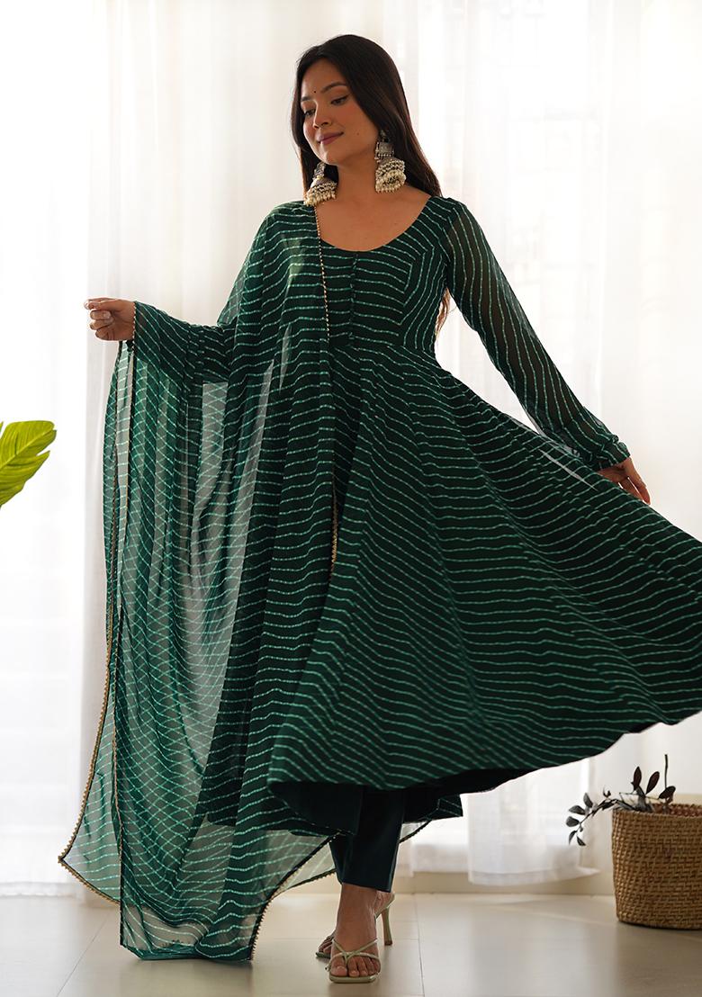 Bottle Green Leheriya Print Faux Georgette Kurta Set - Indya