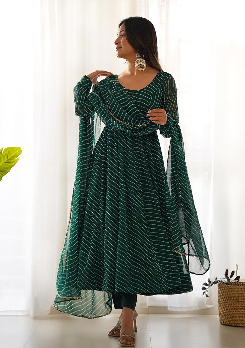 Bottle Green Leheriya Print Faux Georgette Kurta Set - Indya