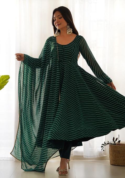 Bottle Green Leheriya Print Faux Georgette Kurta Set