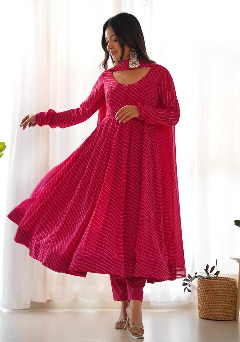 Rani Pink Leheriya Print Faux Georgette Kurta Set