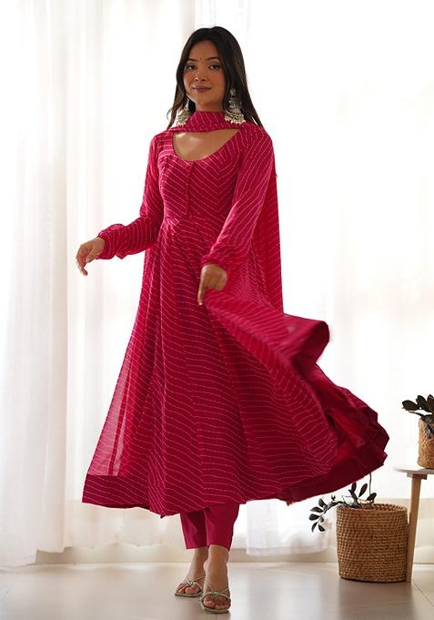 Rani Pink Leheriya Print Faux Georgette Kurta Set