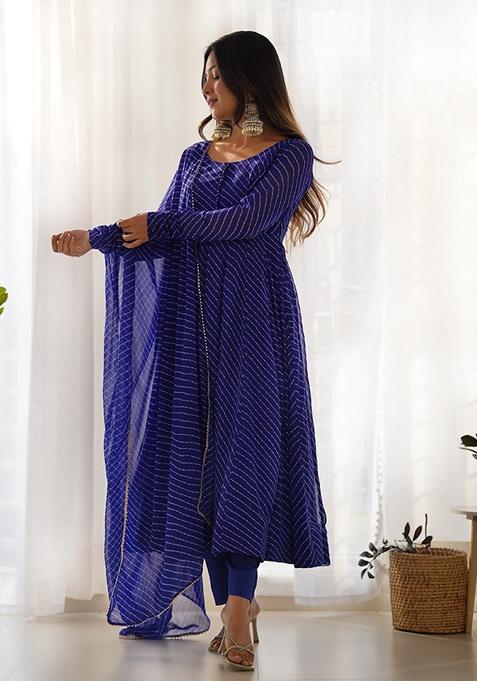 Royal Blue Leheriya Print Faux Georgette Kurta Set