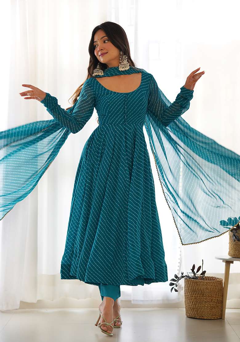 Rama Green Striped Faux Blooming Anarkali Set - Indya
