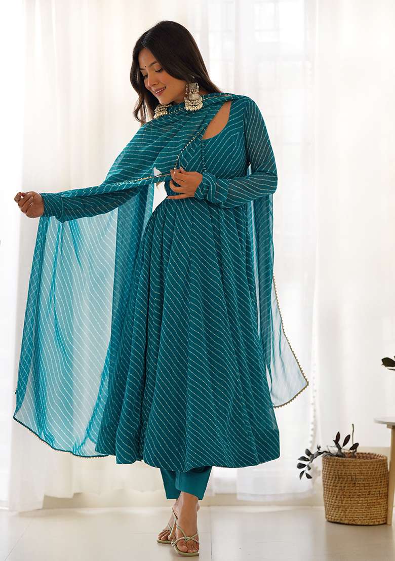 Rama Green Striped Faux Blooming Anarkali Set - Indya