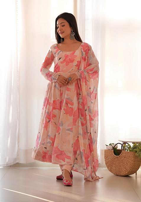 Multicolour Floral Print Faux Georgette Kurta Set