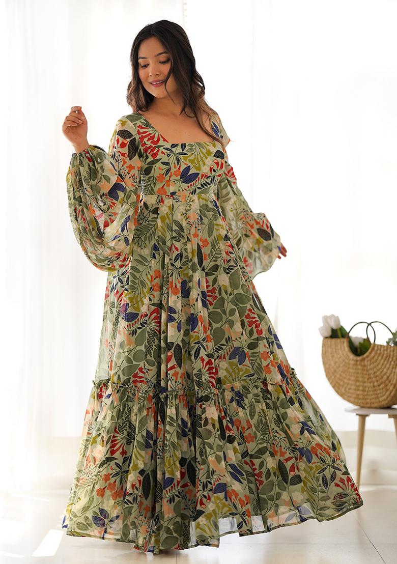 Multicolour Floral Print Faux Georgette Gown